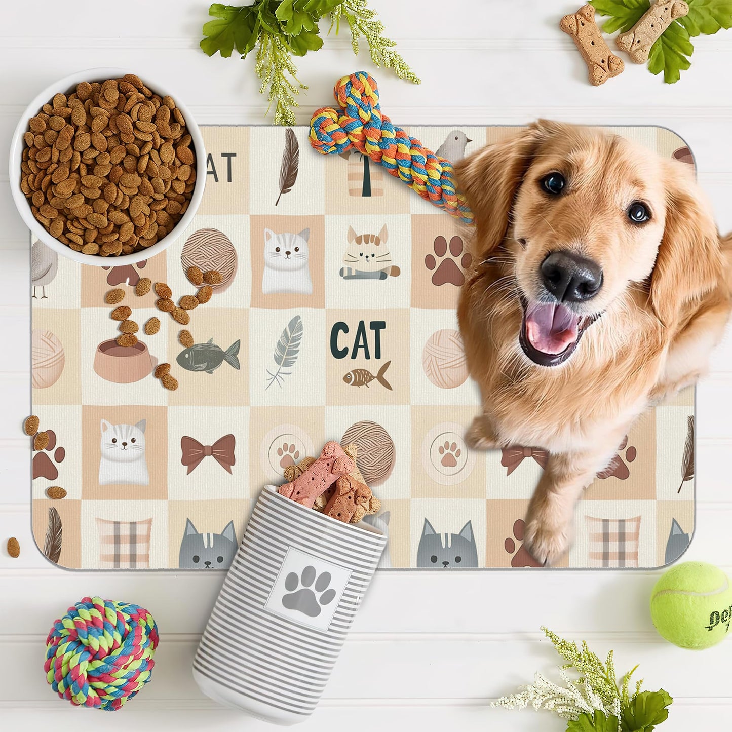 Cute Cat Toy Print Dog Food Mat for Floors,Absorbent Pet Food and Water Bowl Mats,Non-Slip Pet Feeding Mat,Pet Supplies 16" x 24"