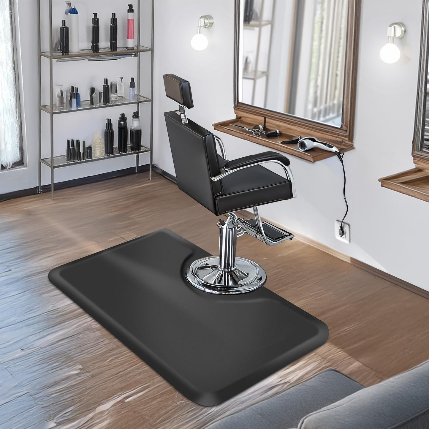 Saloniture 3 ft. x 5 ft. Salon & Barber Shop Chair Anti-Fatigue Floor Mat - Black Rectangle - 7/8 in. Thick