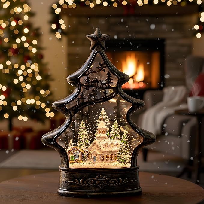 Christmas Snow Globe Lantern Water Glittering Church & Manger Scene with Music & Timer, USB Lined/Battery Operated Lighted Lantern for Christmas Festival Decoration Gifts