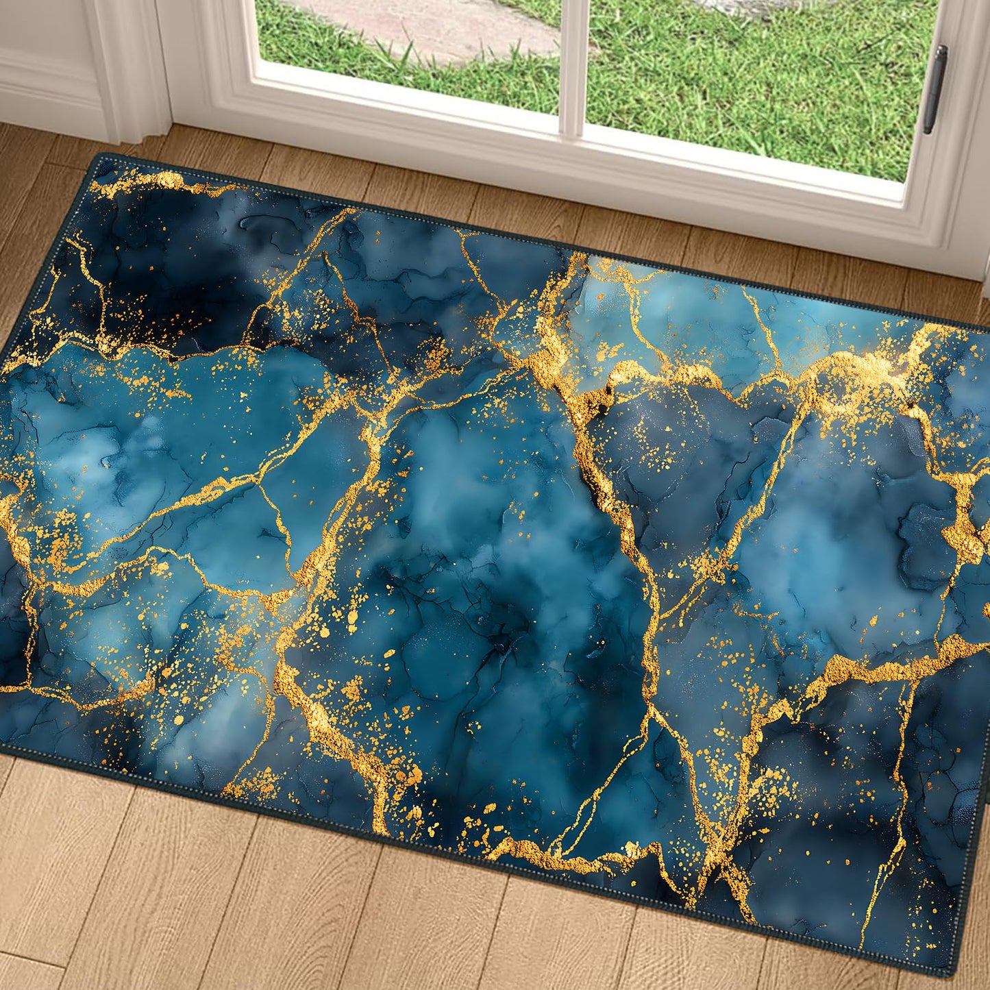 ANNA QUEEN 2x3FT Blue Gold Marble Area Rug, Indoor Door Mat Entry Rug, Luxury Abstract Washable Non Slip Rug for Front Door Foyer Hallway Kitchen Apartment
