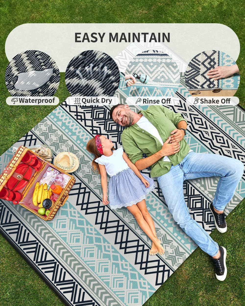 MontVoo Outdoor Rug Carpet Waterproof-Patio Rug Mat 5x8 Reversible RV Outdoor Camping Rugs Picnic Beach Mats Plastic Straw Outside Rugs for Balcony Porch Pool Deck Boho Patio Decor