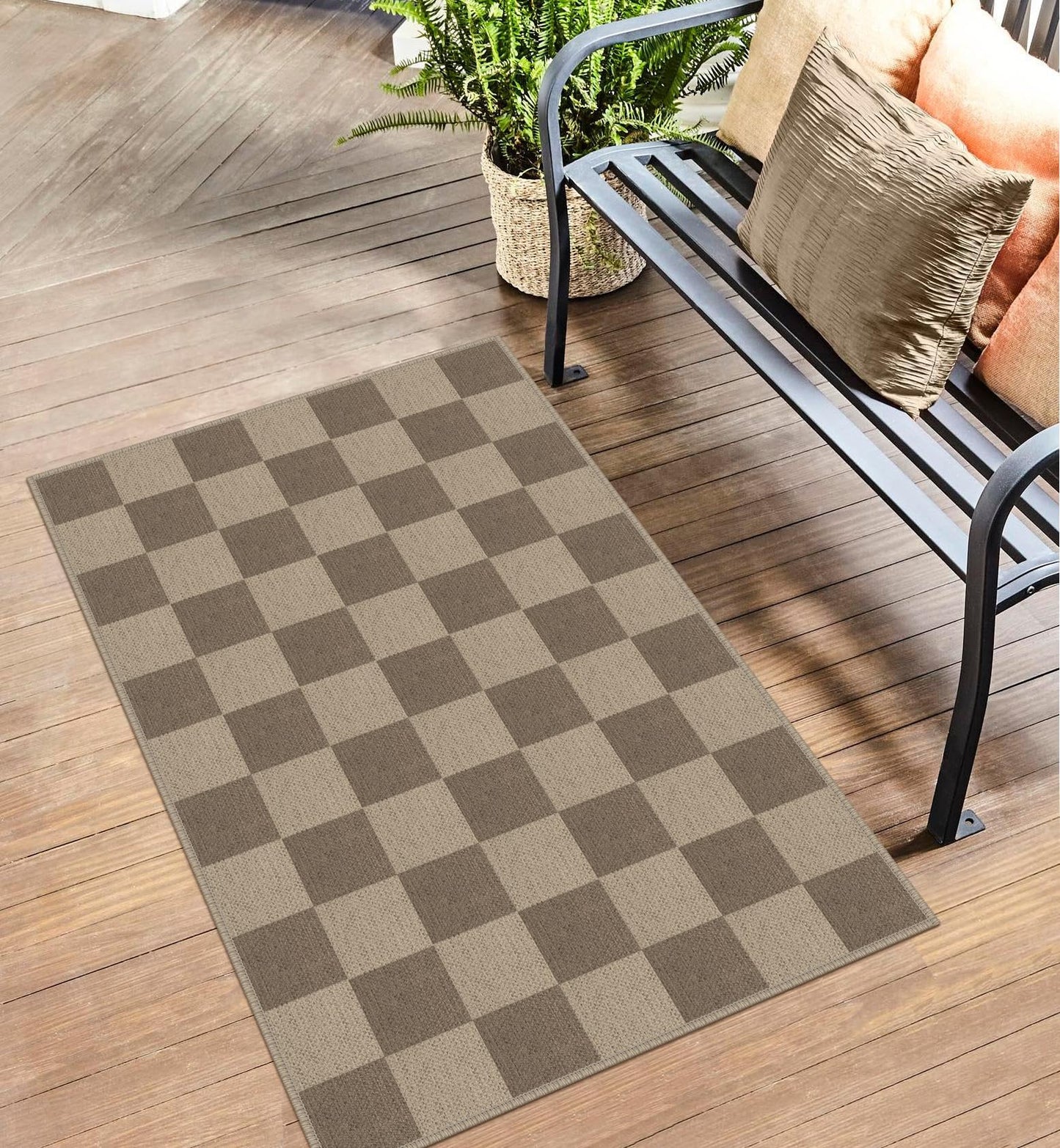 Rugalia Easy Jute Checkered Entryway Rug, 2.6x4 Brown Modern Indoor Outdoor Doormat, Washable Non-Slip Neutral Kitchen Rug Farmhouse Checkerboard Throw Rugs for Entrance Bedroom Bathroom