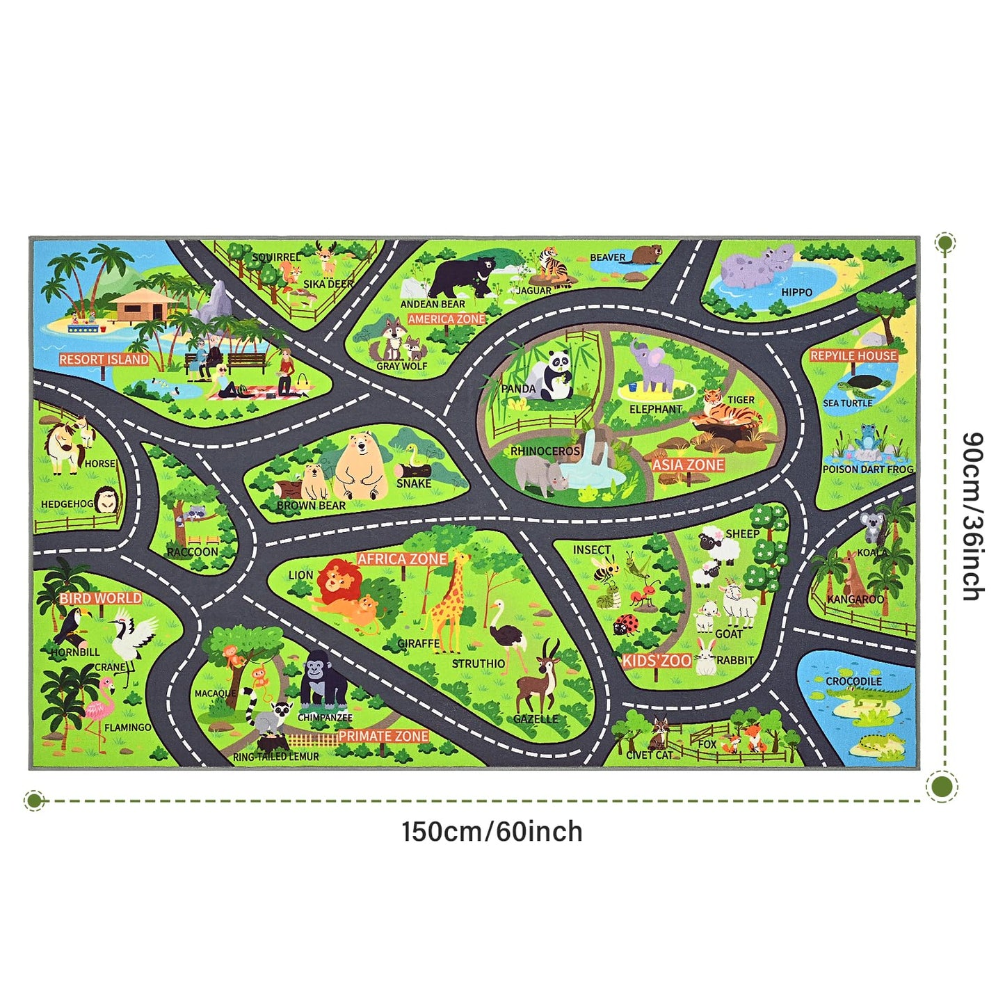 B BENRON Zoo Adventure Kids Car Rug, Cute Animal Play Mat with Non-Slip Backing, Kids Carpet with Lions, Tigers & Giraffes for Educational and Fun Playtime, 60"x36"