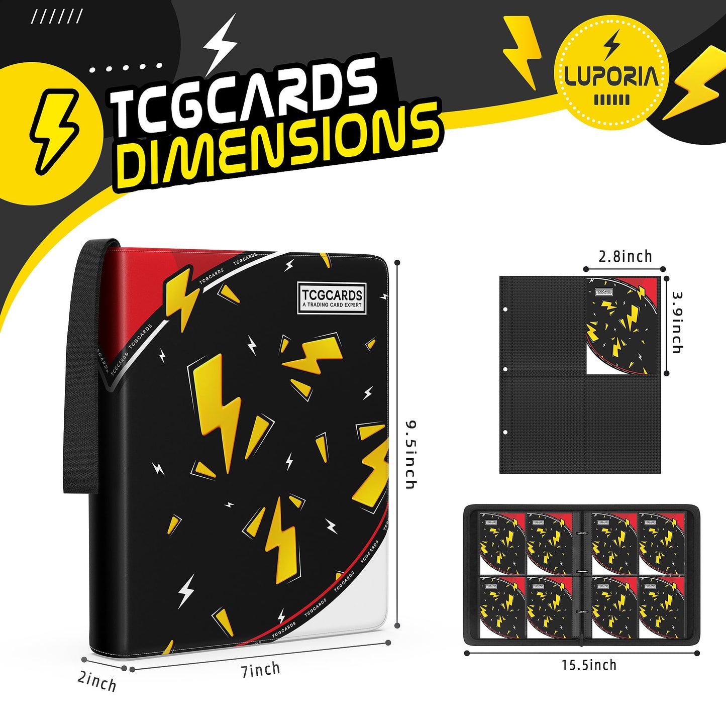 Trading Card Binder 4 Pocket,400 Pocket Card Collection Binder with 50 Removable Sleeves,PU Waterproof Top Card Book,3-Ring Zipper Collectible Trading Card Album for MTG/TCG/Card Holder Gift(Black)