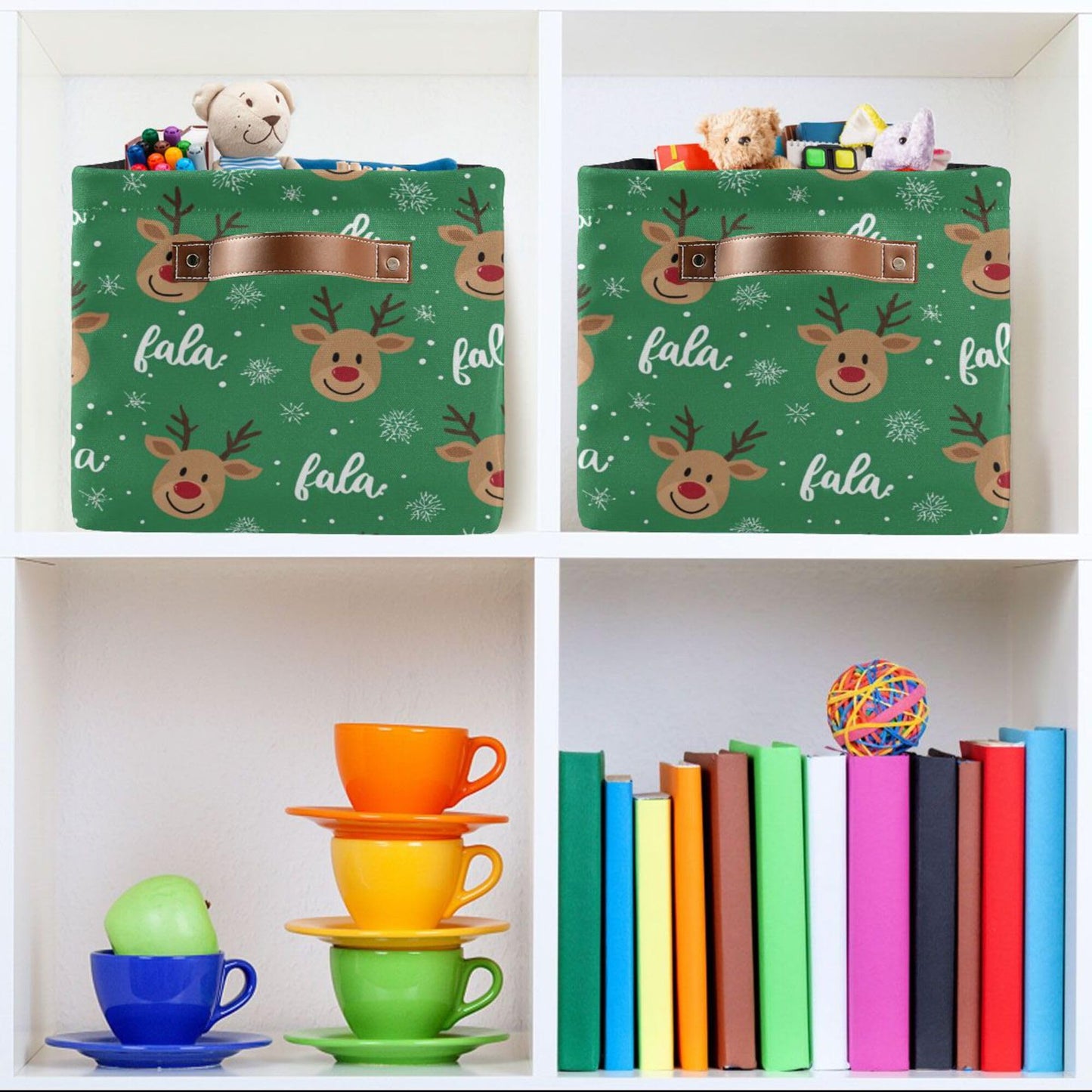 Green Christmas Reindeer Storage Basket with Waterproof Liner and PU Handles Winter Snowflake Xmas Storage Bins Boxes 14.2" Collapsible Decorative Organizer Baskets for Bedroom Closet Office 1 Pack