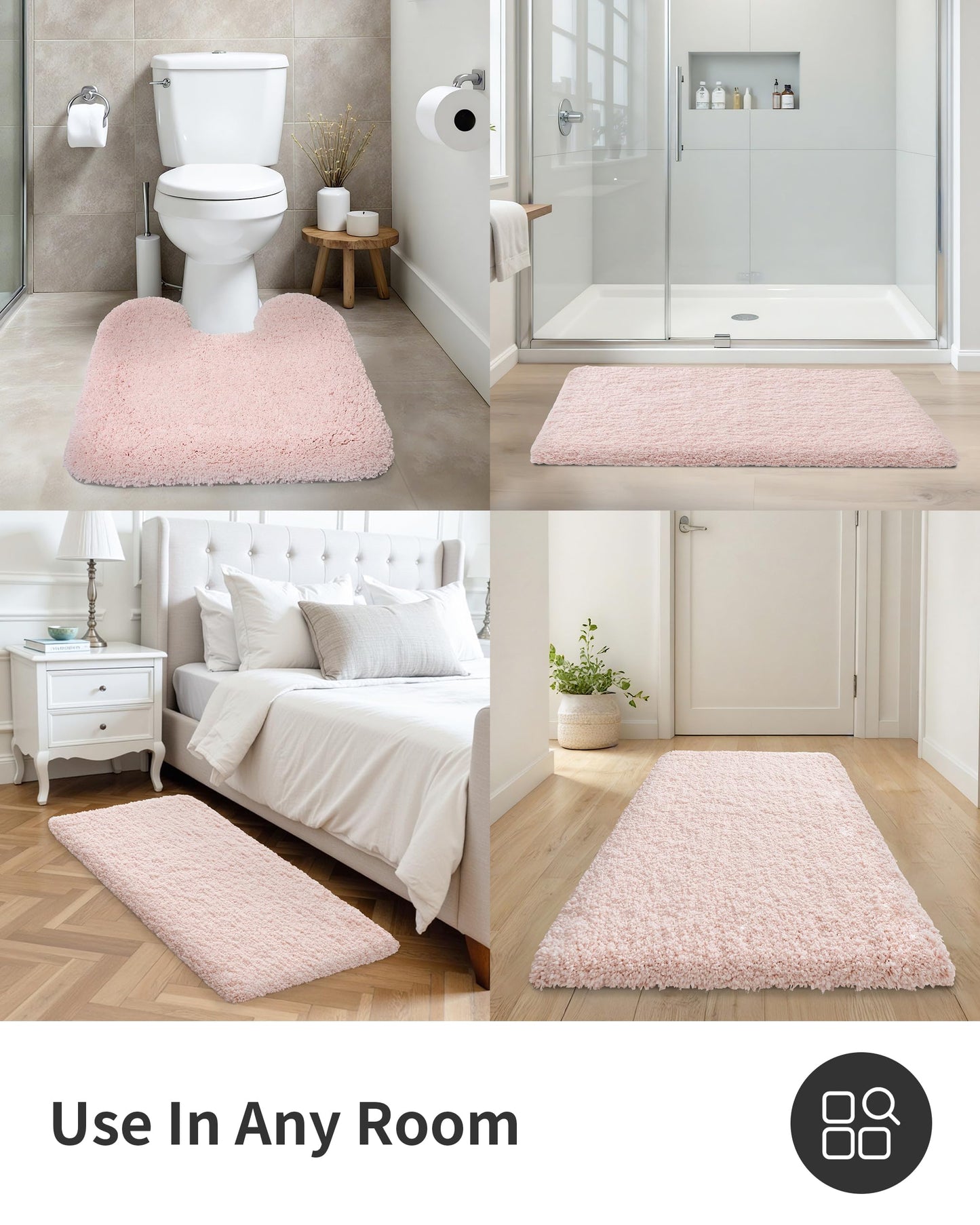 ILANGO Pink Toilet Rugs U Shaped 22" × 24" Non Slip & Super Absorbent Extra Thick Soft, Washable Bath Mats for Bathroom Floor, Microfiber Plush Shaggy Contour Bath Rugs for Toilet,Dry Quick
