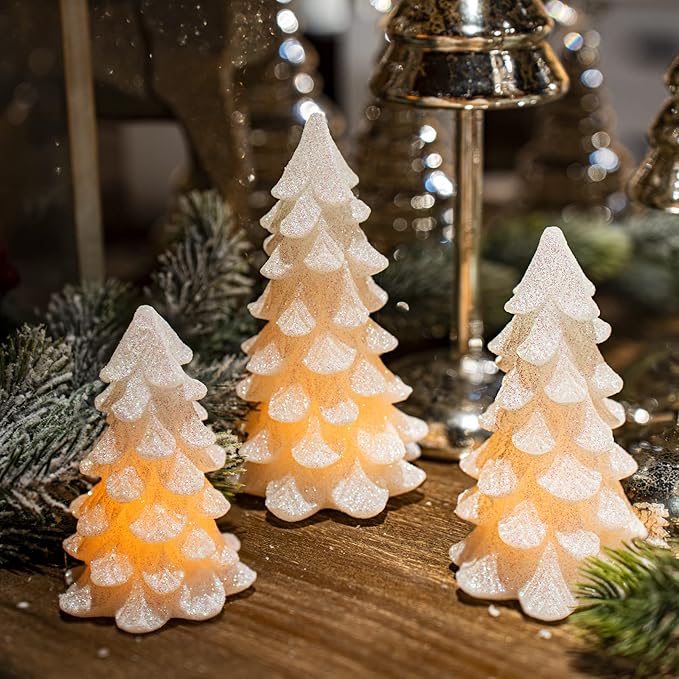 Glittering White Christmas Tree Shaped Flickering Flameless LED Candles with Timer, Real Wax Battery Operated for Home Party Decoration and Gift (Set of 3)