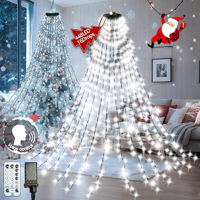 448LED Cascading Twinkle Christmas Tree Lights Indoor with Smart Voice Control & Remote | 7FT x 16 Lines Waterfall Tree Topper Lights, 12 Modes & Timer for 7FT Xmas Tree Christmas Decor (Cool White)