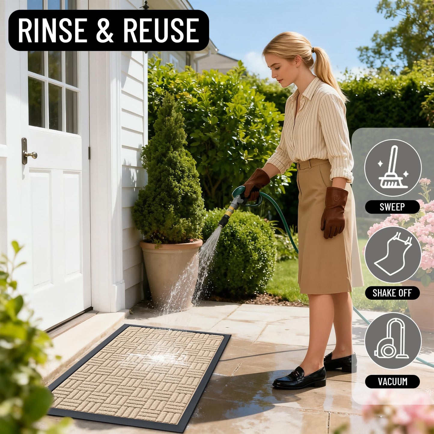 OLANLY Front Door Mat Outside Entrance 29.5x17, Absorbent, Heavy Duty Sturdy Natural Rubber Doormat Indoor Outdoor, Non-Slip, Stain and Fade Resistant, Low Profile Floor Mat for Entryway, Latte White