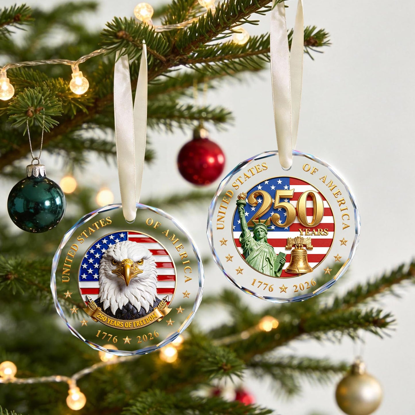 250 Anniversary USA Ornament for Fourth of July Decorations, Crystal Glass 1776-2026 Liberty Bell Memorial Day Decorations, USA 250th Anniversary Merchandise 4th of July Gifts for Men Women