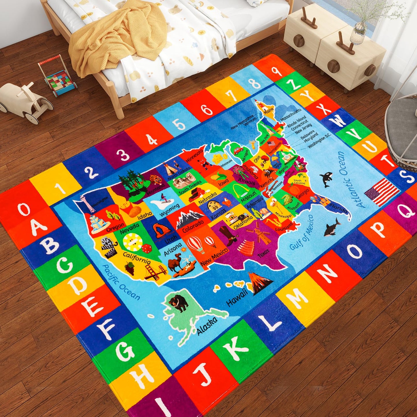 LTKOUGFAM USA Map ABC Kid Rug 39.4" × 63" for Playroom Geography Classroom Rug Educational Kids Playmat Alphabet Mat for Primary School Fluffy Ployester Non-Slip Preschool Carpet for Room