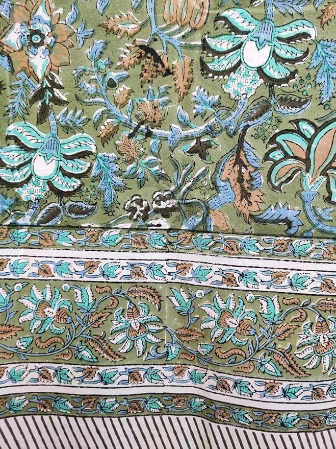 ATOSII Eden Green100% Cotton Boho Square Handblock Print Floral Tablecloth I Dining Table Linen I Parties, Wedding, Outdoors, Thanksgiving I Spring Summer 60 X 60 Inches