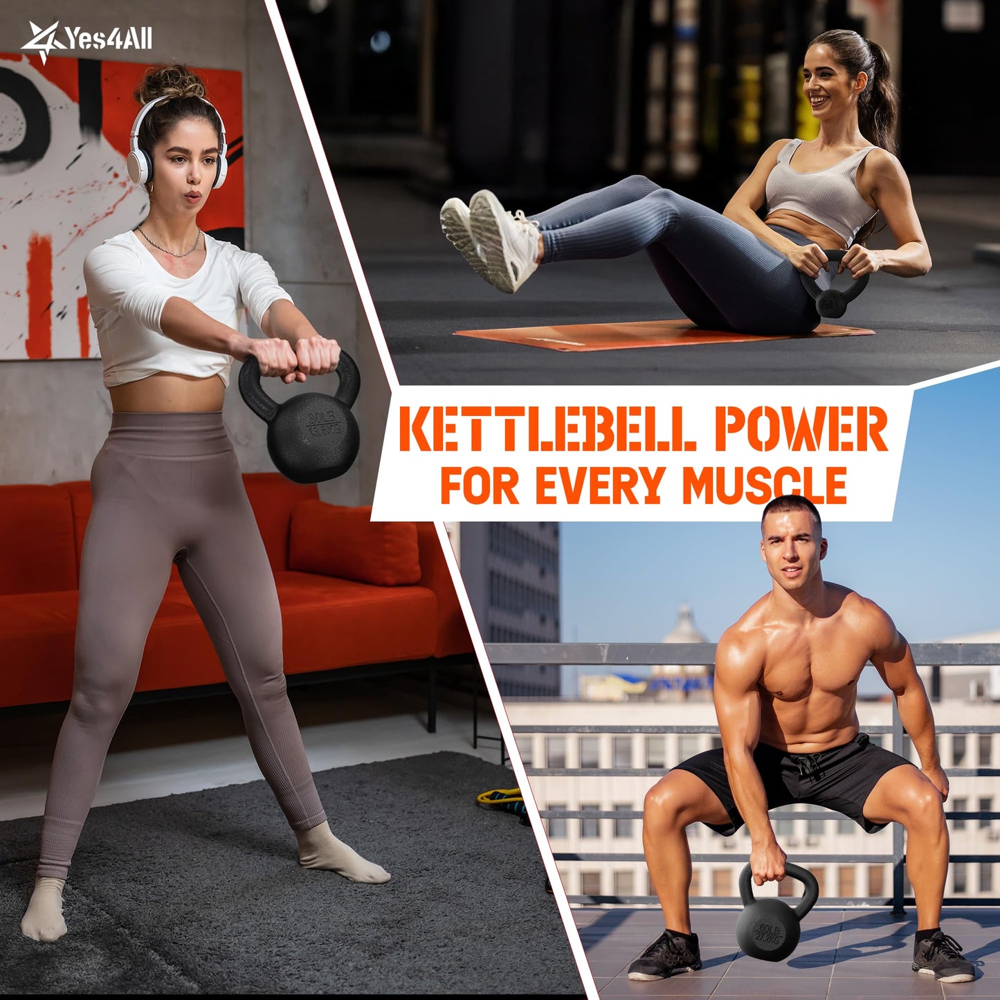 Yes4All Cast Iron Kettlebell, 5-80 Lb Built to Last One-Piece Design, Comfortable 1–2 Hand Grip for Swings, Squats, Deadlifts & Snatches, Stable Flat Base, Single & Pair - 5LB, Single