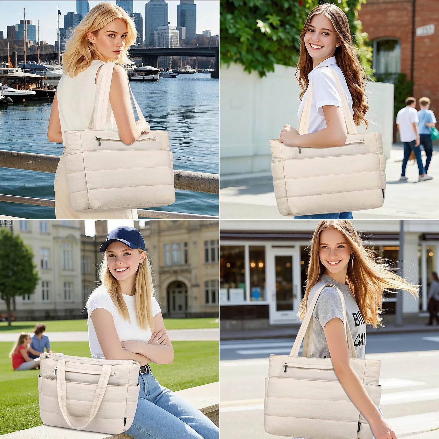 Tote Bag for Women Lightweight Quilted Puffy, Shoulder Bag with Storage for Work Travel Gym, Fits 15.6 Inch Laptop