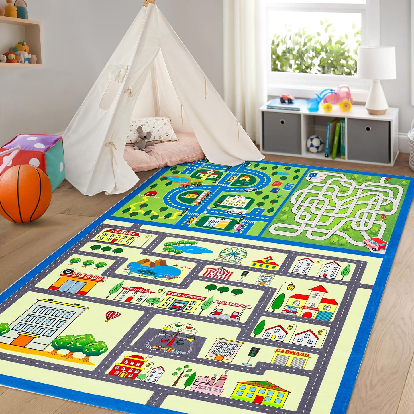 COZYLOOM City Life Car Road Kids Play Mat 4x6 Non Slip Washable Traffic Road Playroom Rug, City Map Race Track Carpet, Ultra-Soft Foldable Interactive Learning Rug for Kids Room Bedroom Nursery