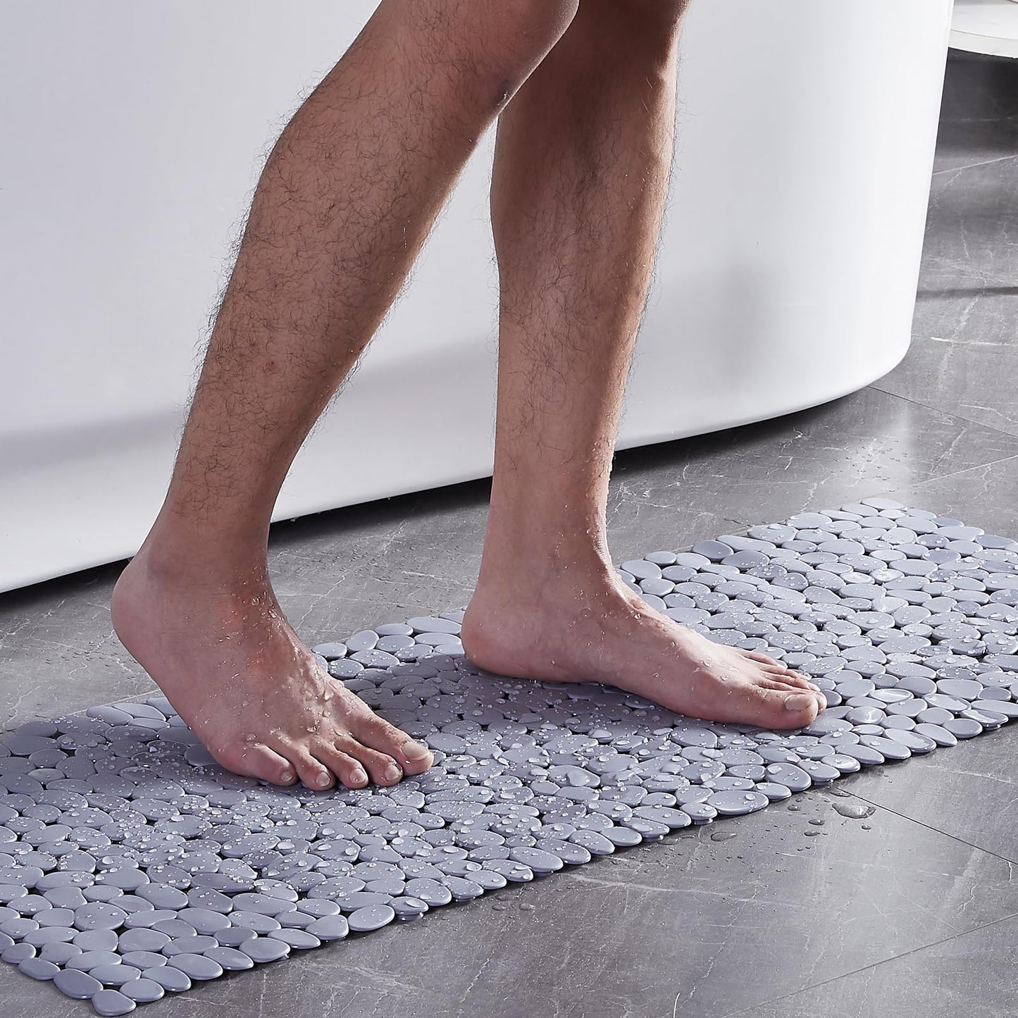Webos Bath Shower Mat Non Slip: Extra Large Pebble Bathtub mat for Families, Anti Slip Shower Matt with Drain Holes Suction Cups Tub Mat - 16 X 40 Inch Grey