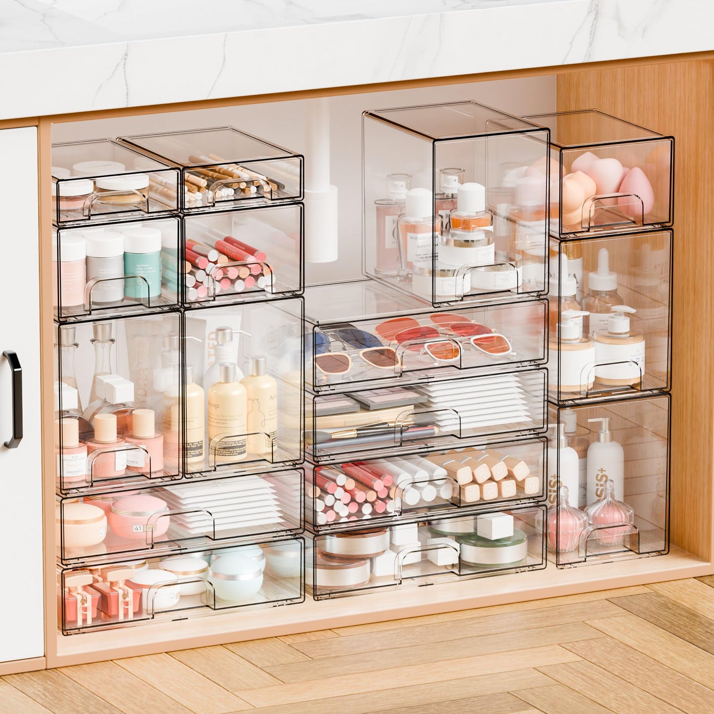 Yieach 4 Pack Clear Stackable Storage Drawers,4.4'' Tall Acrylic Drawer Containers for Organizing,Bathroom Organizers and Storage Bin Box,Plastic Makeup,Medicine Organizer Bins for Cabinet,Undersink