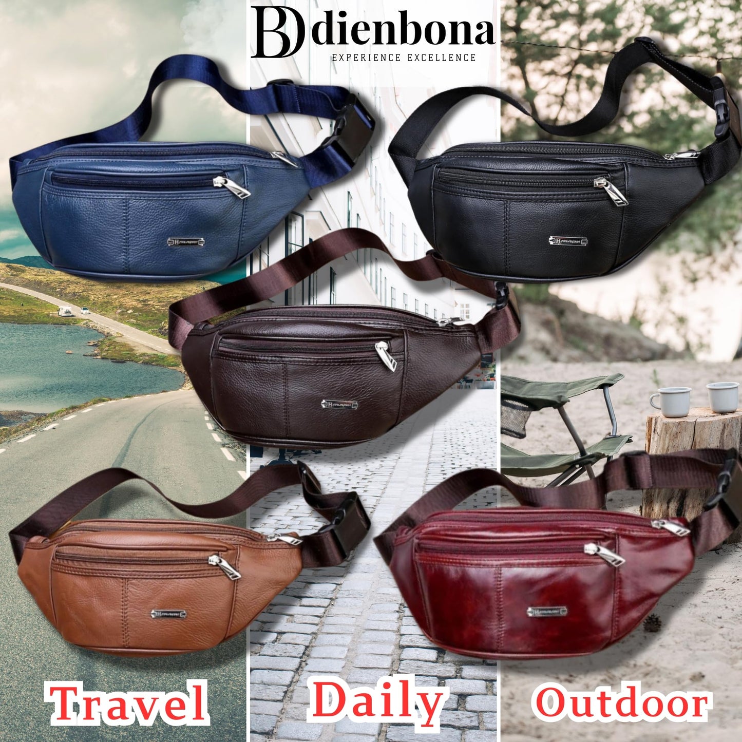 Genuine Leather Fanny Pack Bum Bag for Men – Crossbody Sling Waist Bag with 3 Pockets & Hidden Anti-Theft Pocket, Adjustable Strap, Lightweight Travel Hip Bag for Hiking, Outdoor & Daily Use (Navy)