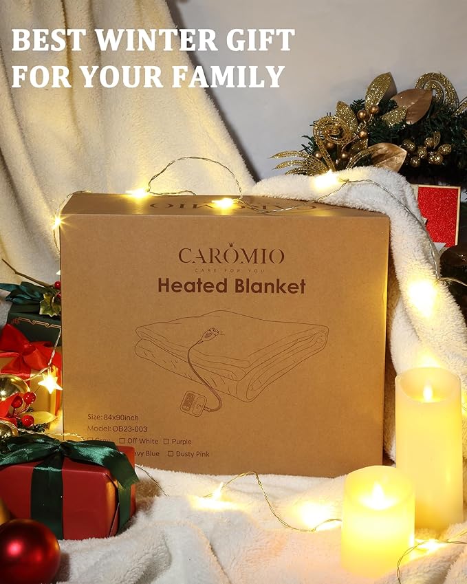 CAROMIO Heated Blanket Throw, Waffle Weave Electric Throw Blanket Fast Heating with LCD Controller, 6 Heat Levels & 4 Hour Auto Shut Off, ETL Certified, Machine Washable, Off White, 50" x 60"