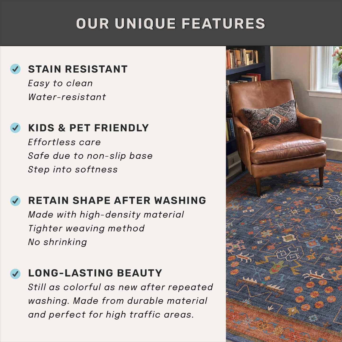 Washable Boho Square 8x8 Living Room Rug - Navy Blue Carpet for Bedroom, Dining Room Rugs for Under Table - Low Pile Non-Slip Rubber Backing Stain Resistant (8x8 Navy Blue)