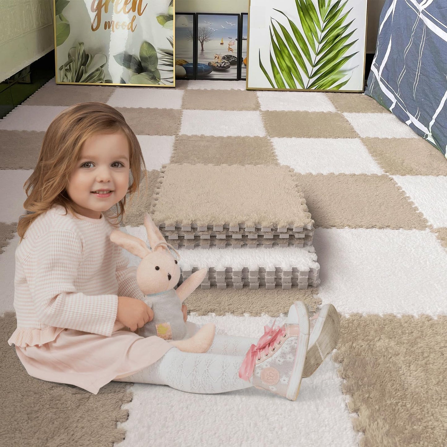 Jaderlu 16pcs 0.6" Thickened Interlocking Tile Mats,Fluffy Shaggy Soft EVA Foam Area Rug for Living Room & Bedroom,Non-Slip Protective Floor Carpet Play Mat Kids Baby Dorm Home Decor (11.8ft, Khaki)