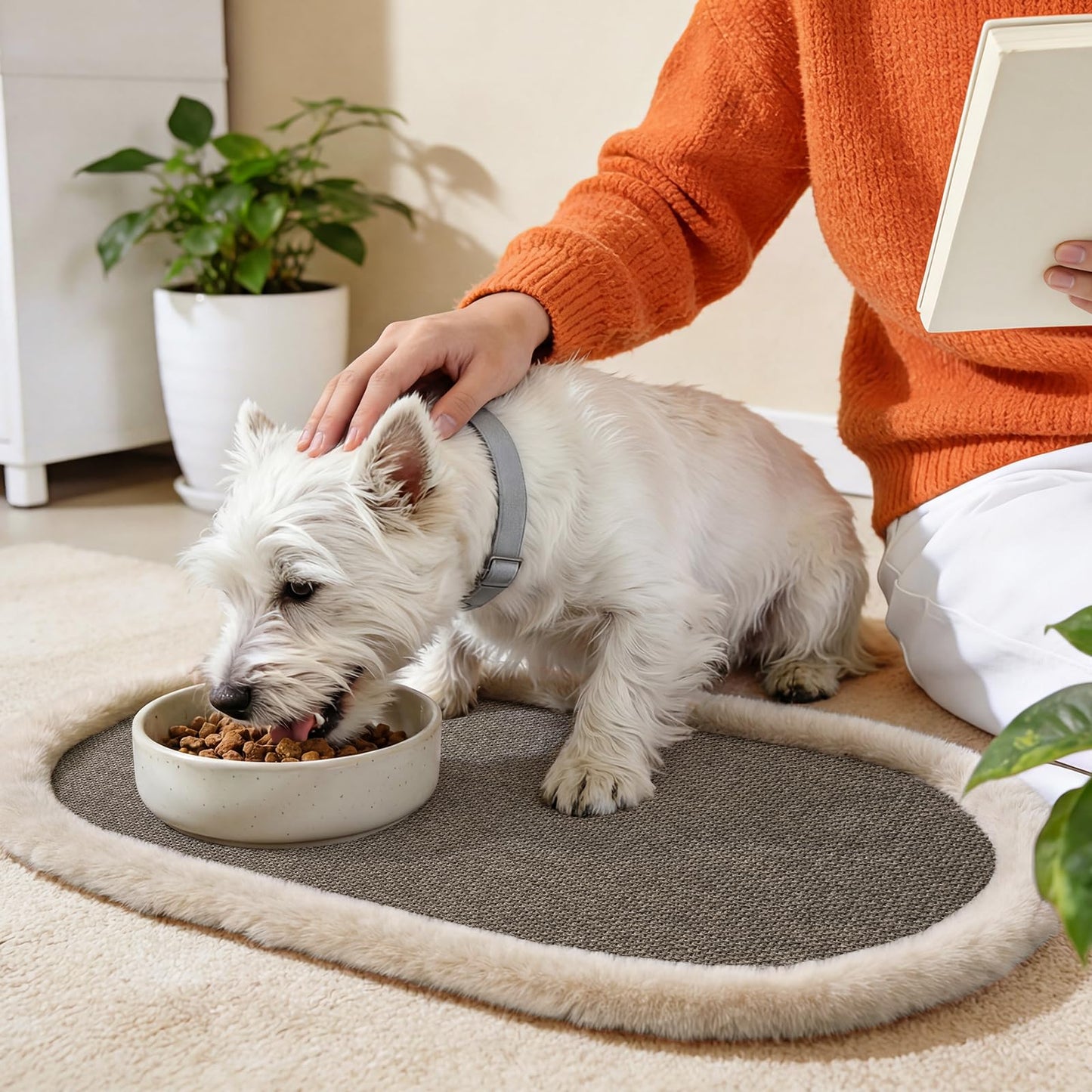 QiCaiJia Pet Feeding Mat, Dog Food Mats Absorbent Pet Placemat for Food and Water Bowl with Non Slip Rubber Backing for Dog and Cat (12"x19", Brown)