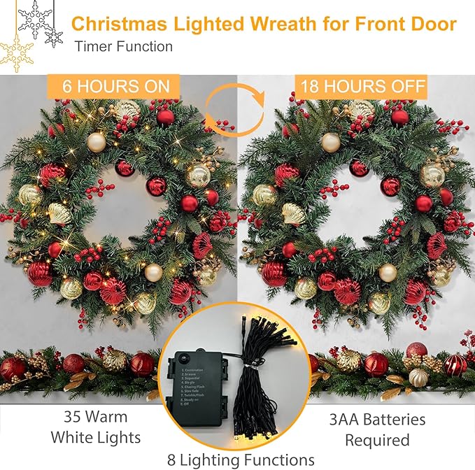 28’’ Pre-Lit Artificial Christmas Wreath, Battery Operated 35 LED Lights with Faux Greenery, Pine Cones, Berries for Front Door, Xmas Wreath for Holiday Christmas Home Decorations