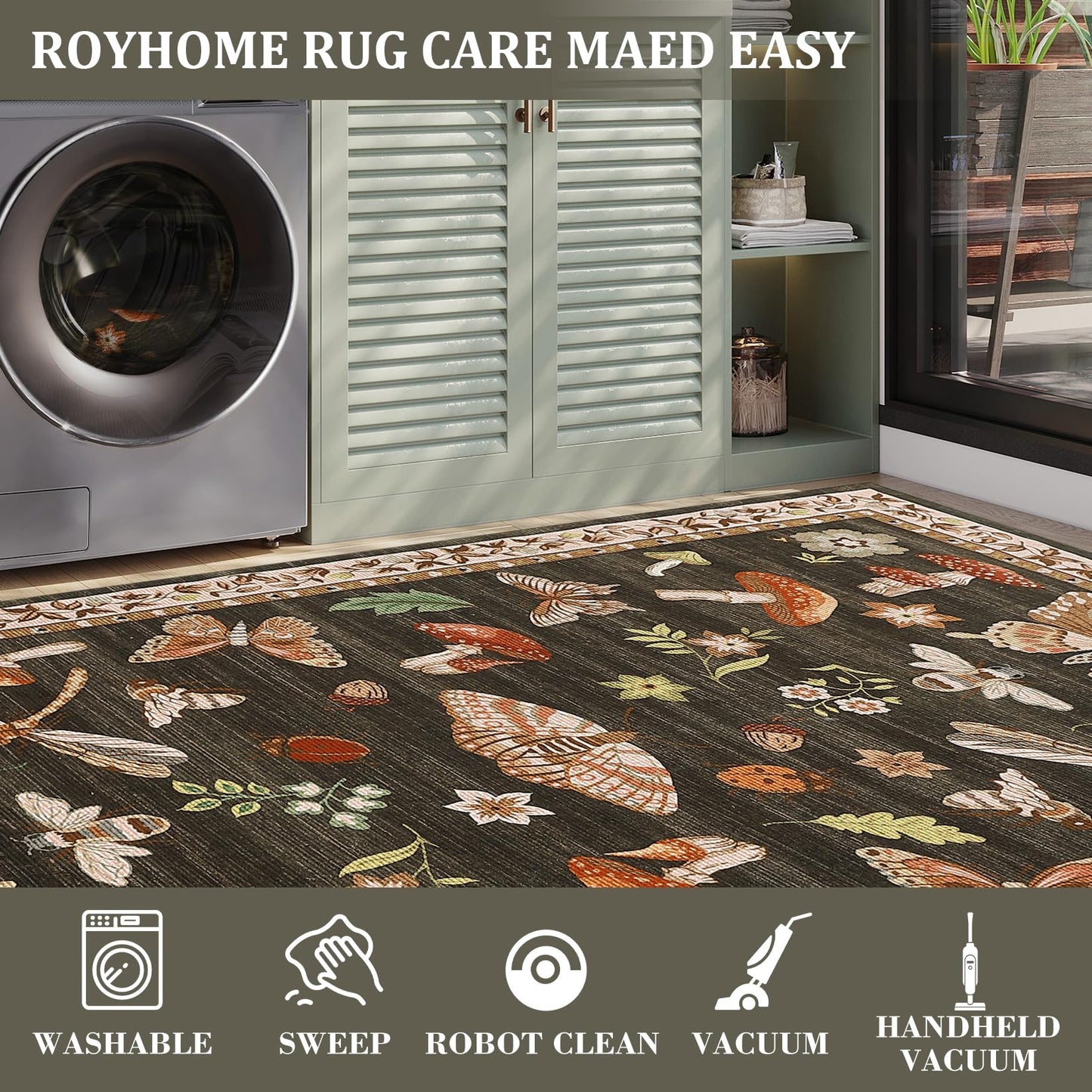 ROYHOME Mushroom Insect Washable Rug 2x6 Runners for Hallways, Boho Kitchen Runner Rugs Non Slip Bath Runner, Modern Bedroom, Soft Long Entryway Bathroom Laundry Dorm, Brown