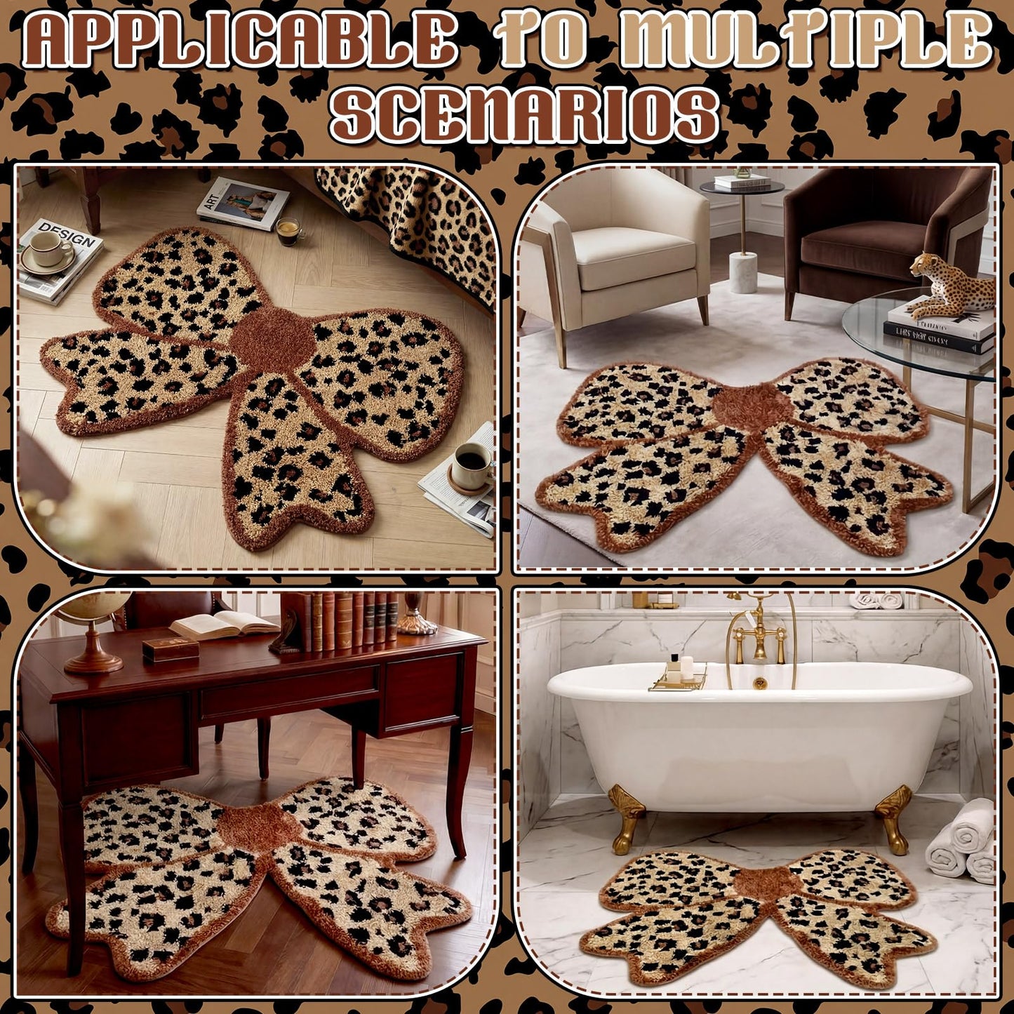 Klyyo Clyro Leopard Print Bow Shaped Bathroom Rug, 31.5x22 in Soft Plush Cheetah Bow Bath Mat, Coquette Cute Bowknot Room Decor, Aesthetic Non Slip Animal Print Area Rug for Bedroom Living Room