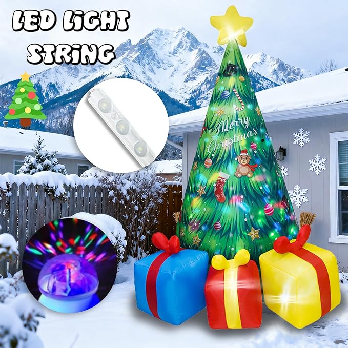 Dearsun 8ft Tall Inflatable Christmas Tree with Rotating LED Lights, Outdoor/Indoor Blow Up Xmas Tree with 3 Gift Boxes, Waterproof Holiday Decor for Yard, Lawn, Party