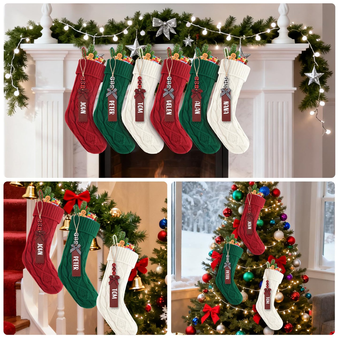 6PACK LumaBria18Inch Cable Knitted Personalized Christmas Stockings, Personalized Hanging Stockings for Holiday Party, Christmas Tree, and Family Home Decor in Red, White, Green