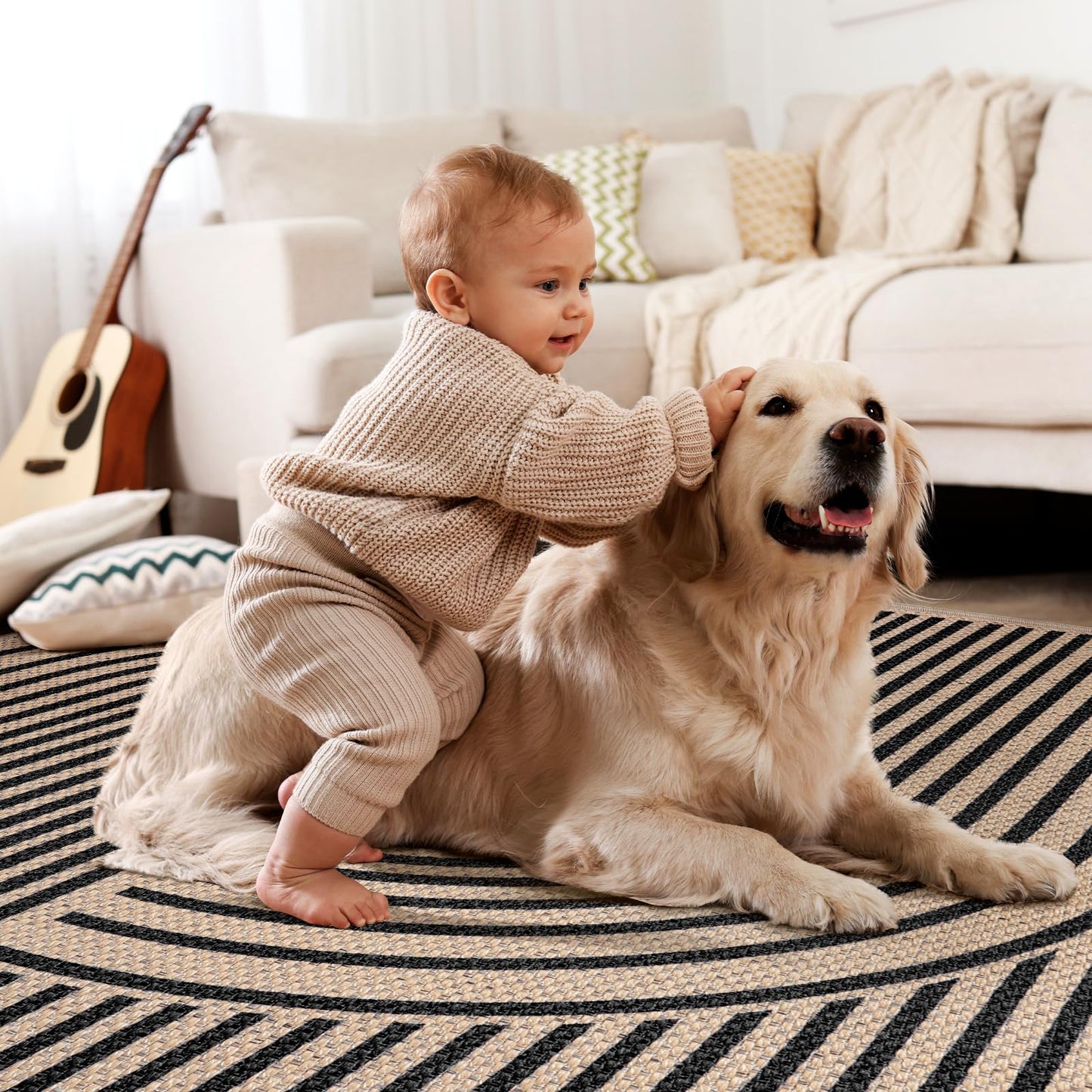 Tangsoo Easy Jute Area Rug 4x6 Washable Rug for Indoor Outdoor Patio,Non-Slip Black Indoor Outdoor Carpet,Boho Farmhouse Throw Mat for Front Porch Kitchen Bedroom Foyer