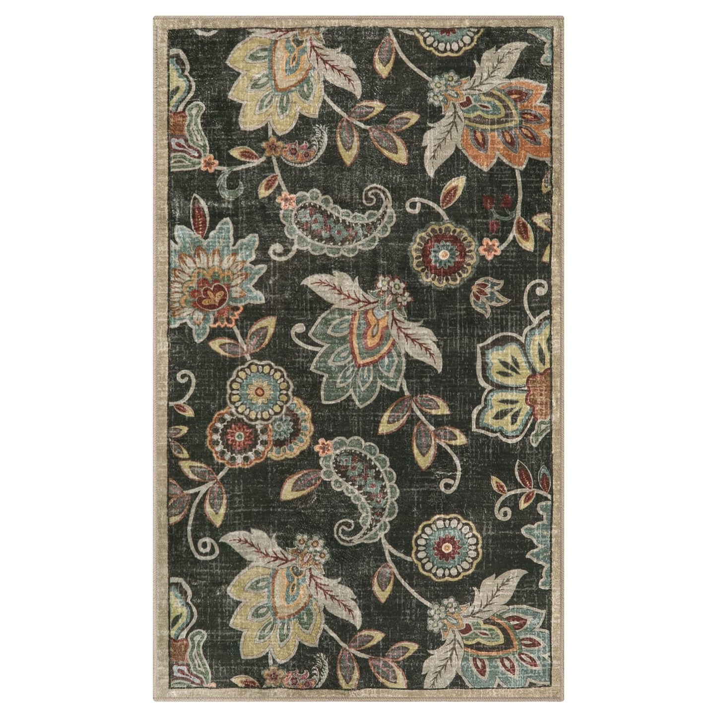 Morebes Floral Washable Rugs 3x5,Brown Throw Rugs for Bedroom Non Slip,Soft Distressed Paisley Bathroom Mat, Entryway Rug Indoor Accent Floor Chair Carpet for Living Room Coffee Table