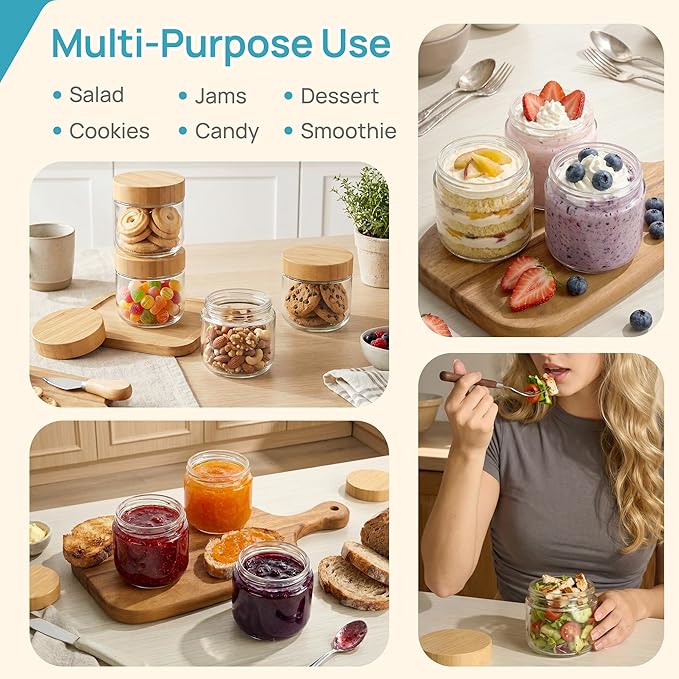Vtopmart 4 Pack 10oz Glass Overnight Oats Containers with Bamboo Lids, Portable Wide Mouth Glass Jars Leak Proof, Reusable Food Storage Containers for Meal Prep, Jam, Sauce, Salad Dressing, and Snacks