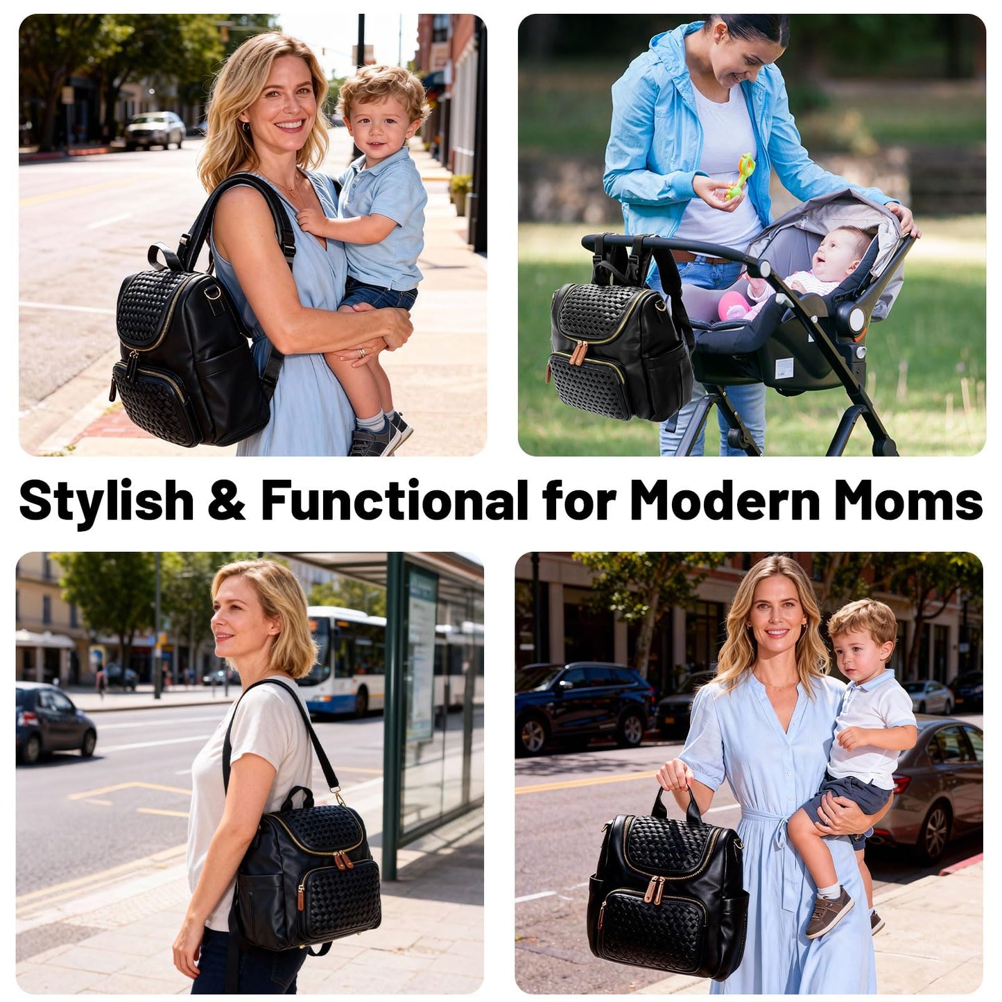 Minsong Diaper Bag Backpack, Small Diaper Backpack for Mom with Changing Station, Stylish Vegan Leather Travel Diaper Nappy Bags (Black)