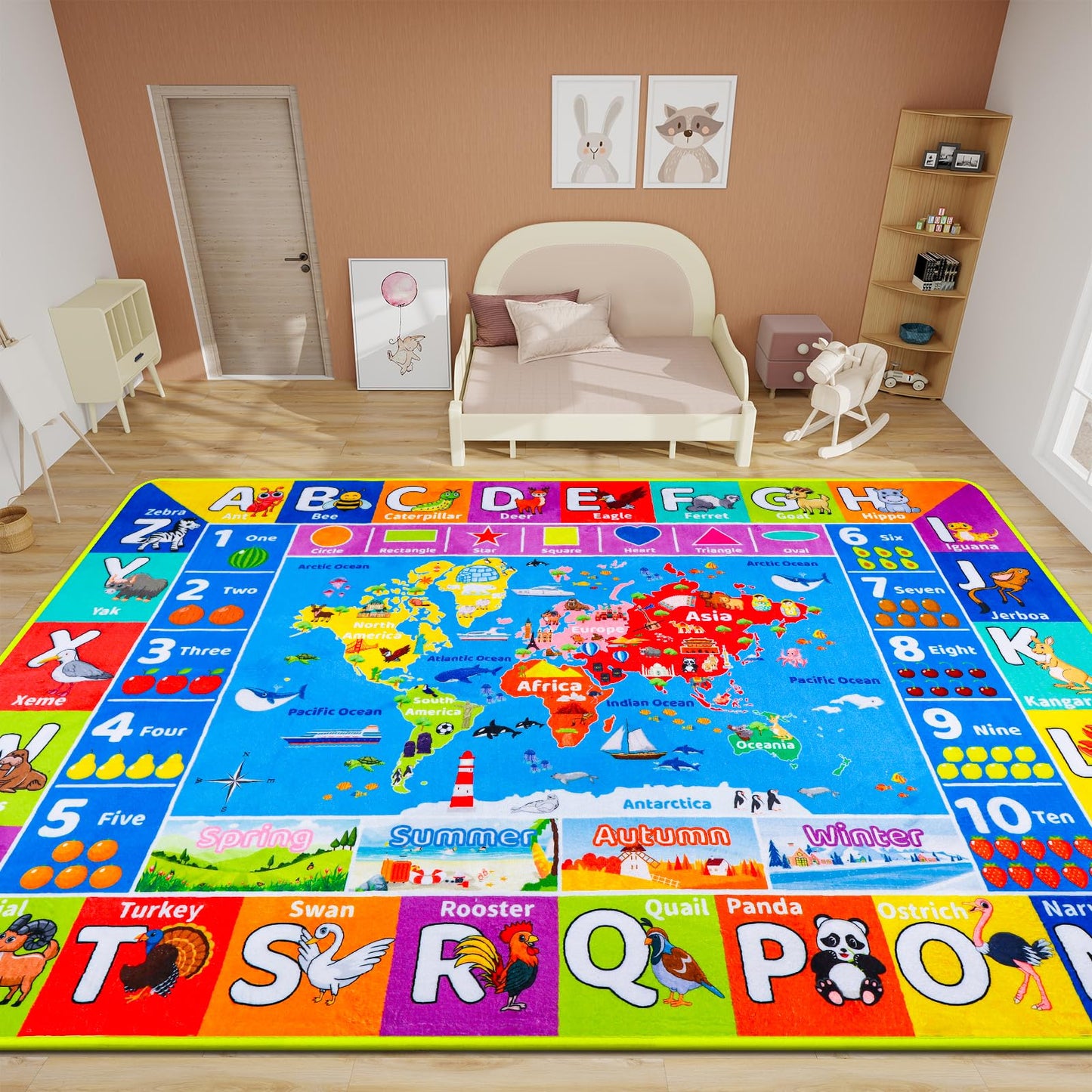Large Educational Kids Learning Rug with World Map & ABC Alphabet, Interactive Geography Play Carpet for Preschool Classroom Nursery & Homeschool, Non-Slip Activity Rug, 6'7" x 9'2"
