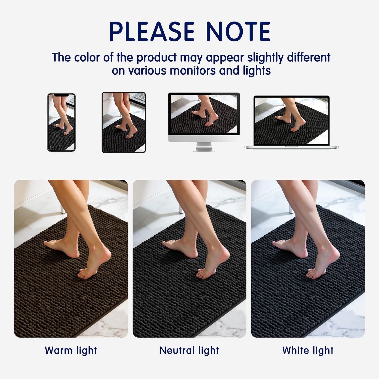 SUBRTEX Bathroom Rugs Chenille Bath Rug Soft Short Plush Bath Mat Soft Shower Mat Water Absorbent Shower Mat Quick Dry Machine Washable(Black,18" x 24")
