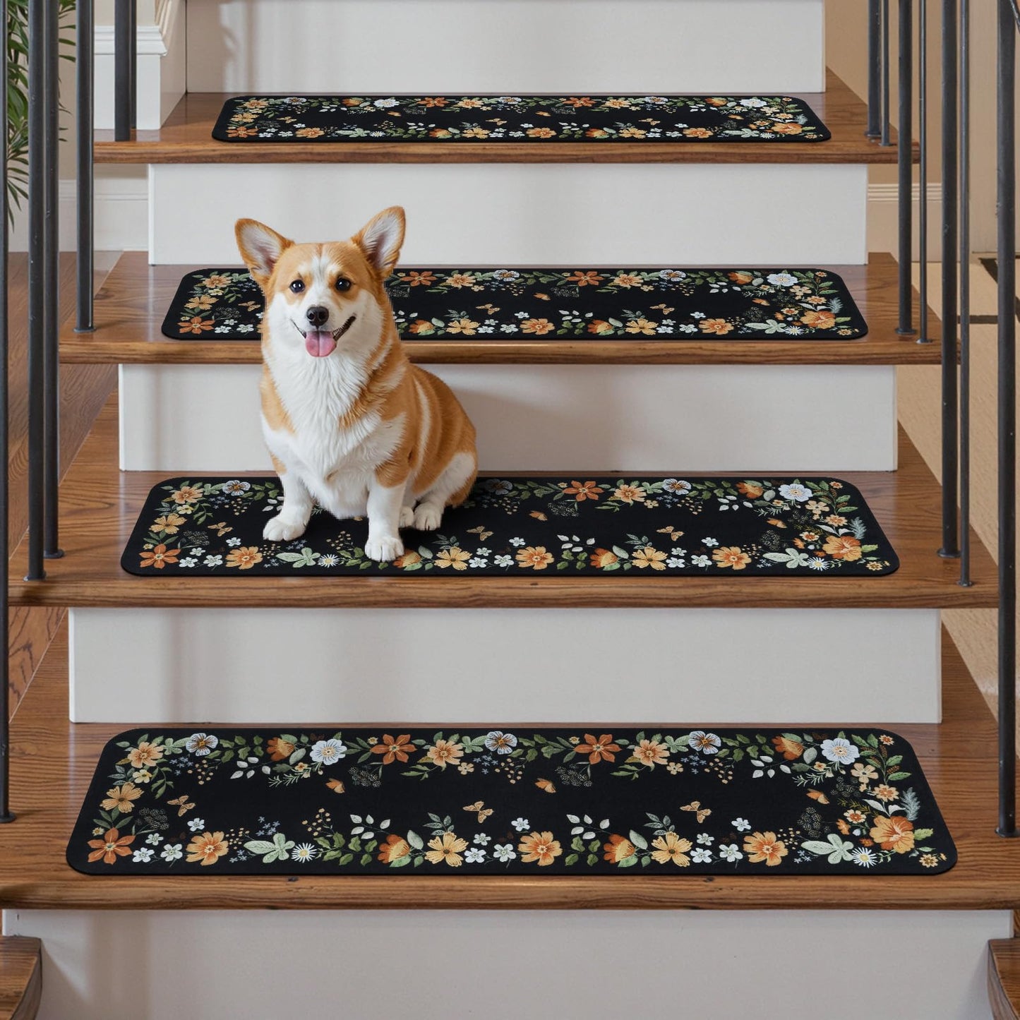 OJIA Floral Stair Treads Non-Slip Carpet Stair Treads for Wooden Steps Indoor 15PCS 30"x8" Stair Runner Stair Mats Staircase Step Treads for Kids, Elders and Dogs, Stair Covers, Black