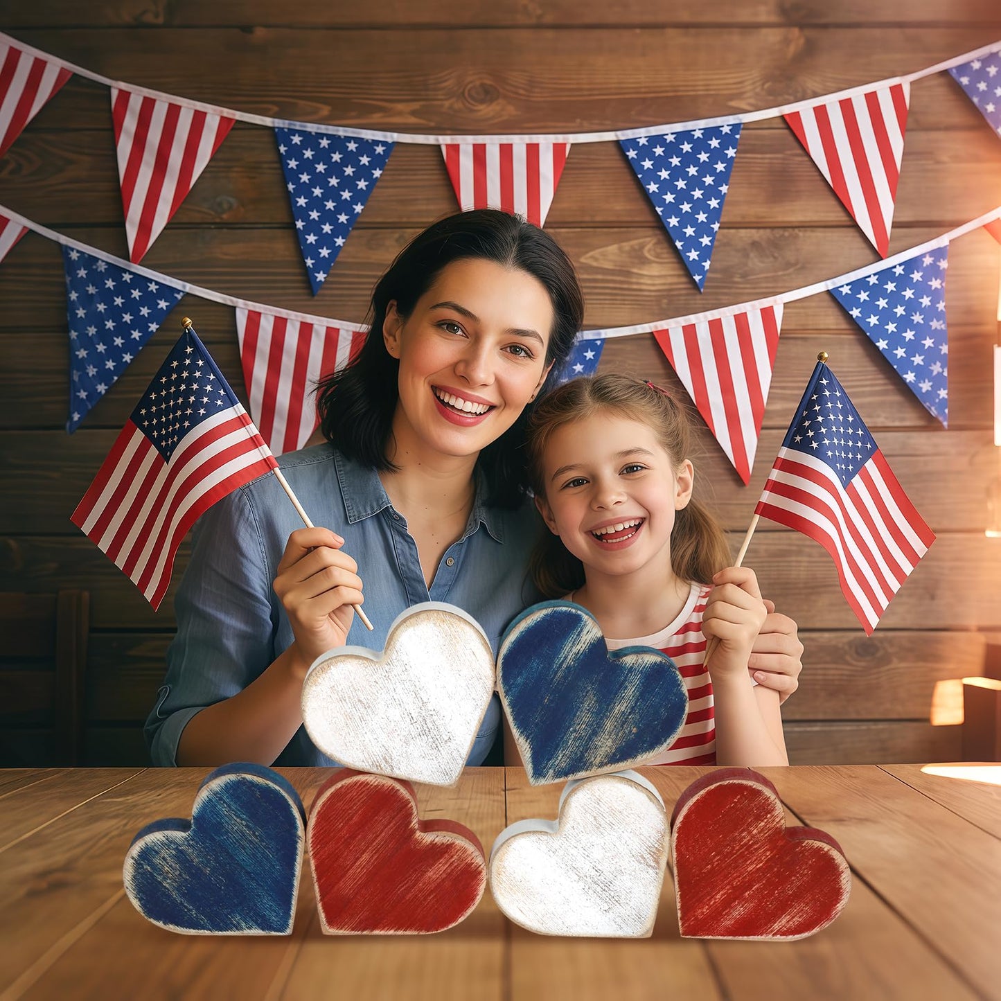 COCHIE Wooden Hearts 4th of July Decorations Indoor, Wood Heart Blocks Memorial Day Tiered Tray Decor Set of 6, Red Blue White Veterans Day Decoration for Home Party Office Shelf Mantle (Patriotic)