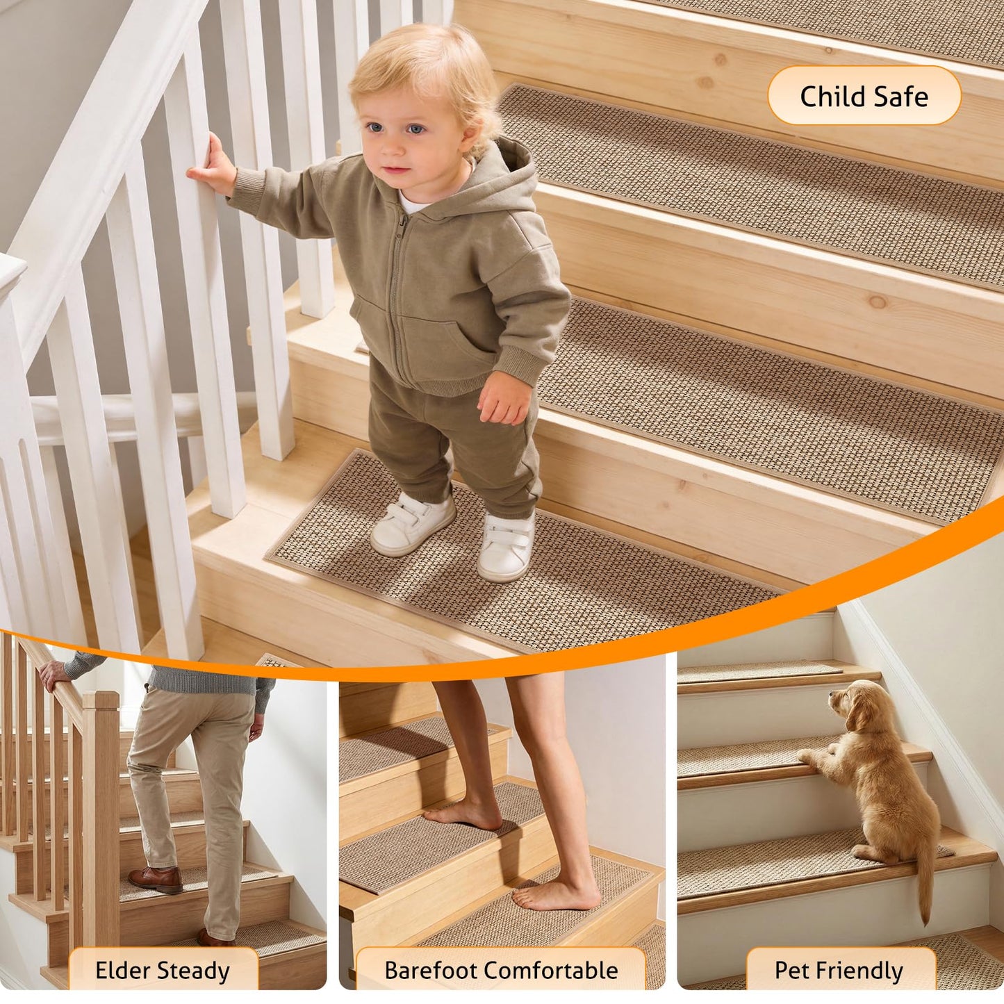 WICHEMI Stair Treads for Wooden Steps Indoor, 9"x30" Peel and Stick Stair Treads Non Slip 15 Pack Carpet Stair Treads with Reusable Adhesive for Dogs Kids Elder, Beige
