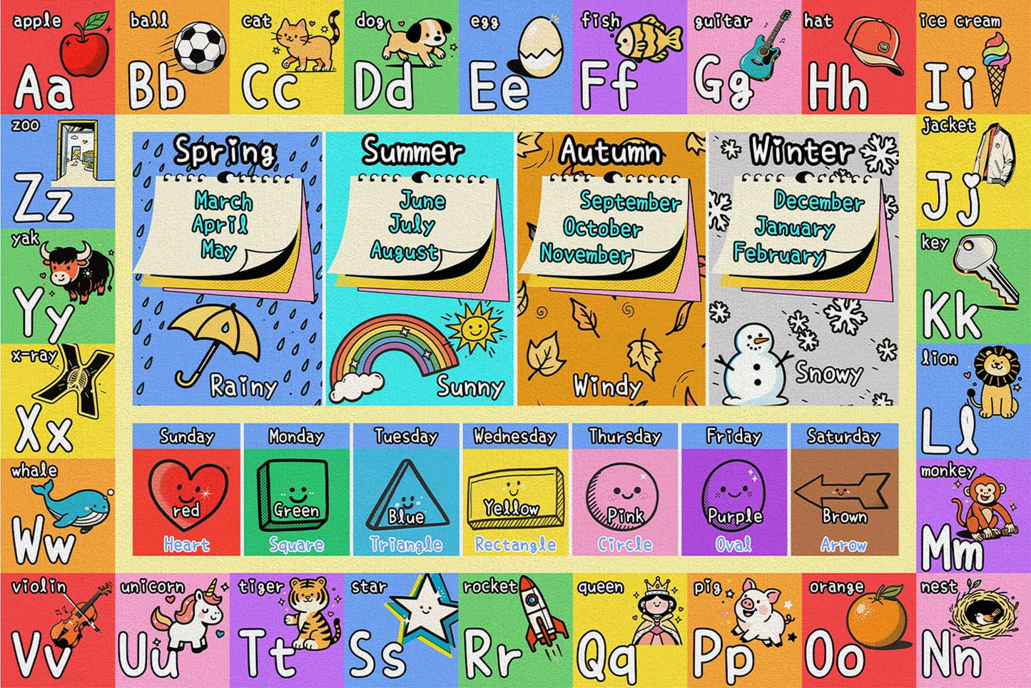 ABC Kids Playroom Rug 3x5 - Soft & Non-Slip Educational Play Mat, Preschool Classroom, Daycare Rug with ABCs, Colors, Shapes, Seasons, Washable Playmat for Toddler Nursery & Kids Room (36x60 Inch)