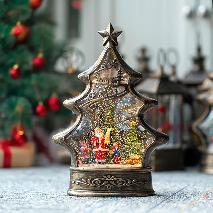 Christmas Snow Globe Lantern Water Glittering Santa's List with Music& Timer, USB Lined/Battery Operated Lighted Lantern for Christmas Festival Decoration Gifts (Santa)