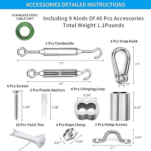 Globe String Light Suspension Kit, Outdoor Light Guide Wire, Vinyl Coated Stainless Steel Steel Cable,Include 50ft Transparent PVC and 304 Stainless Steel Wire Cable, Turnbuckle and Hooks