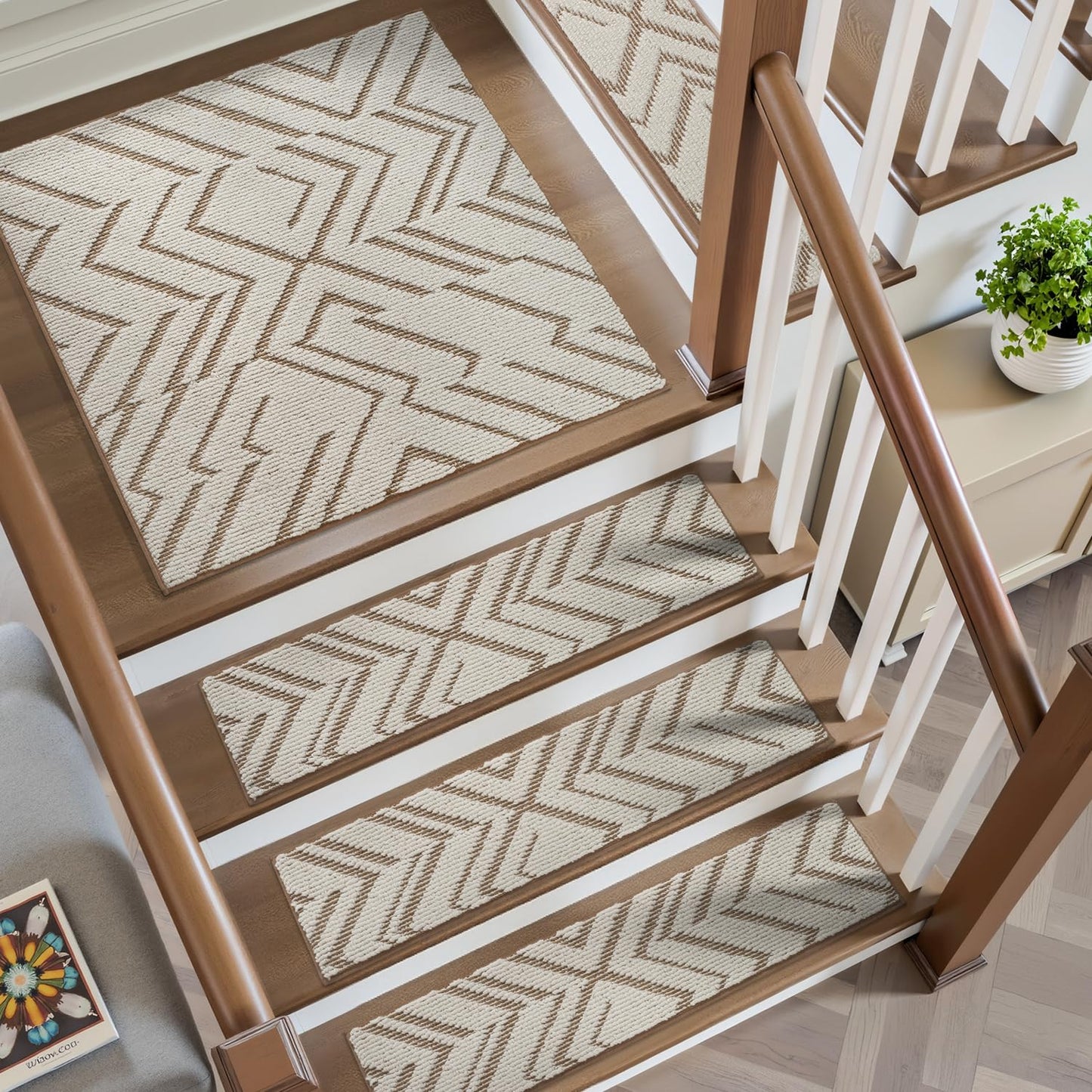PADOOR Stair Treads Landing Rugs Non Slip,3D Peel and Stick Stair Treads for Wooden Steps,Square Washable Stair Runner Indoor for Kids,Elders and Pets,31"x31", Brown