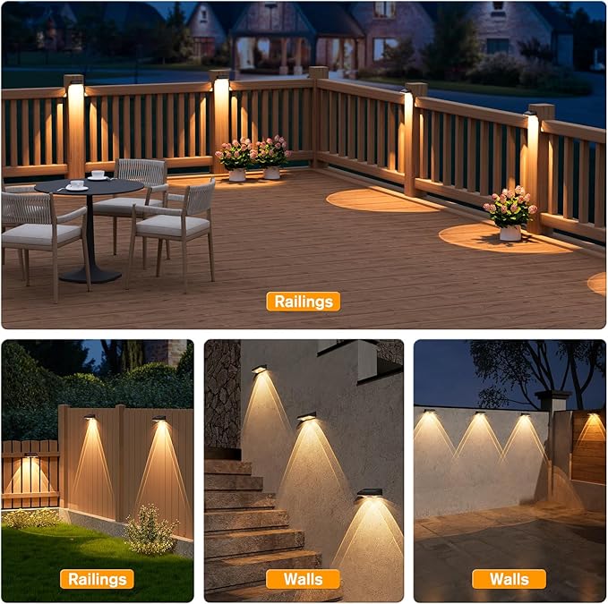 NIORSUN Solar Fence Lights,8 Pack Deck Light,Led Lights Warm White Outdoor Wall Lights,IP45 Solar Powered Light Waterproof for Backyard/Pool/Railing/Patio/Porch/Step/Outside/Garden (Black)