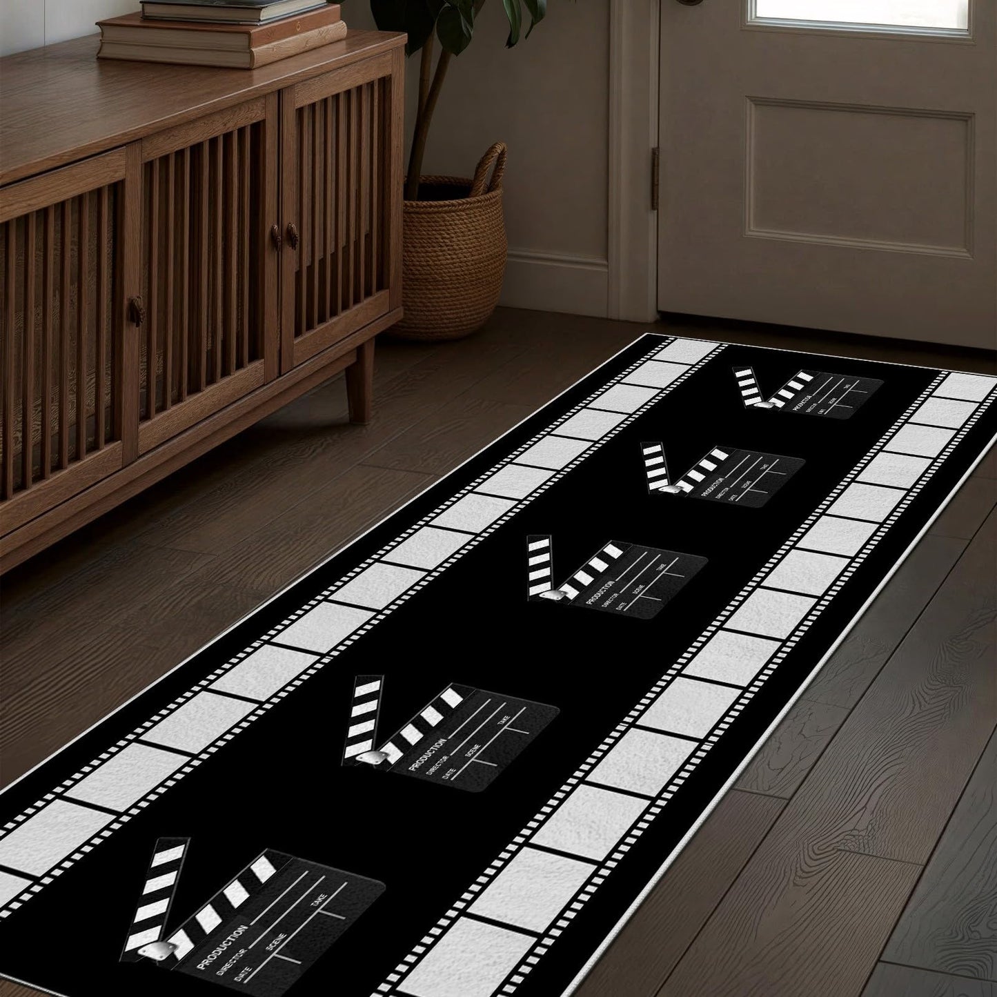 Black and White Movie Time Runner Rug, 3x8ft, Home Cinema Theatre Rug, Clapboard Ticket Print Design Rugs, Vintage Non Slip Soft Low Pile Washable Carpet for Bedroom Hallway