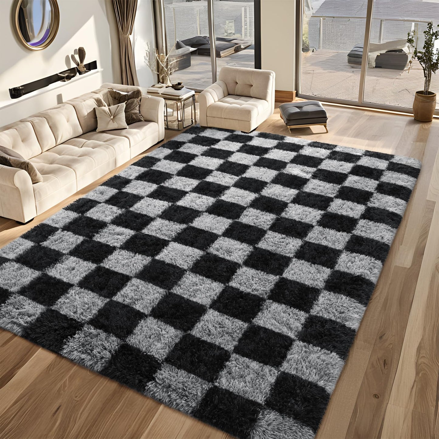 FALARK Rugs for Living Room Bedroom, 6x9 ft Black and Grey Checkered Area Rug, Fluffy Soft Washable Carpet, Modern Non-Slip Shag Carpets for Dorm Home Decor Aesthetic, Nursery, Playroom