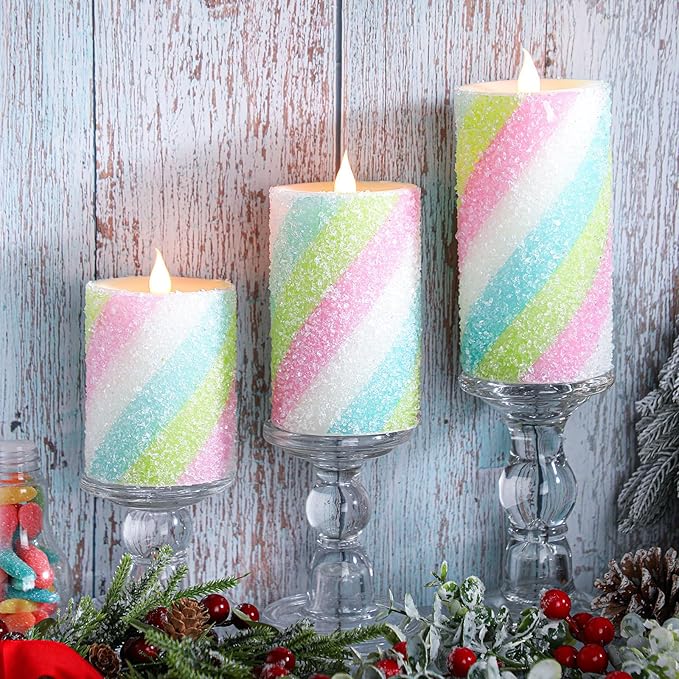 Baquler 3 Pcs Pastel Candy Flameless Candles Christmas Candy Stripe LED Pillar Candles Pastel Battery Operated Candlestick for Holiday Party Centerpiece Xmas Home Decoration