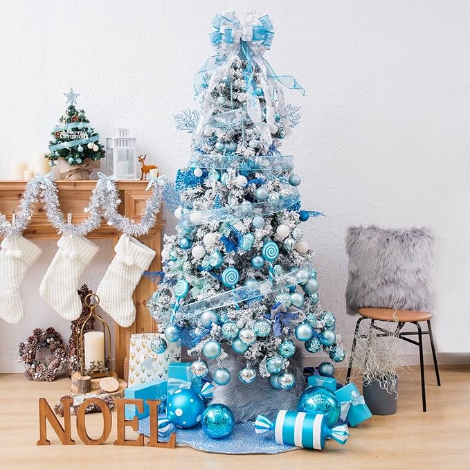 SY CRAFT 86 Pieces of Assorted Shatterproof Christmas Ball Snowflake Ornaments Seasonal Decorative Hanging Ornament Set with Hand-held Gift Package for Xmas Tree Decorations (Light Blue)
