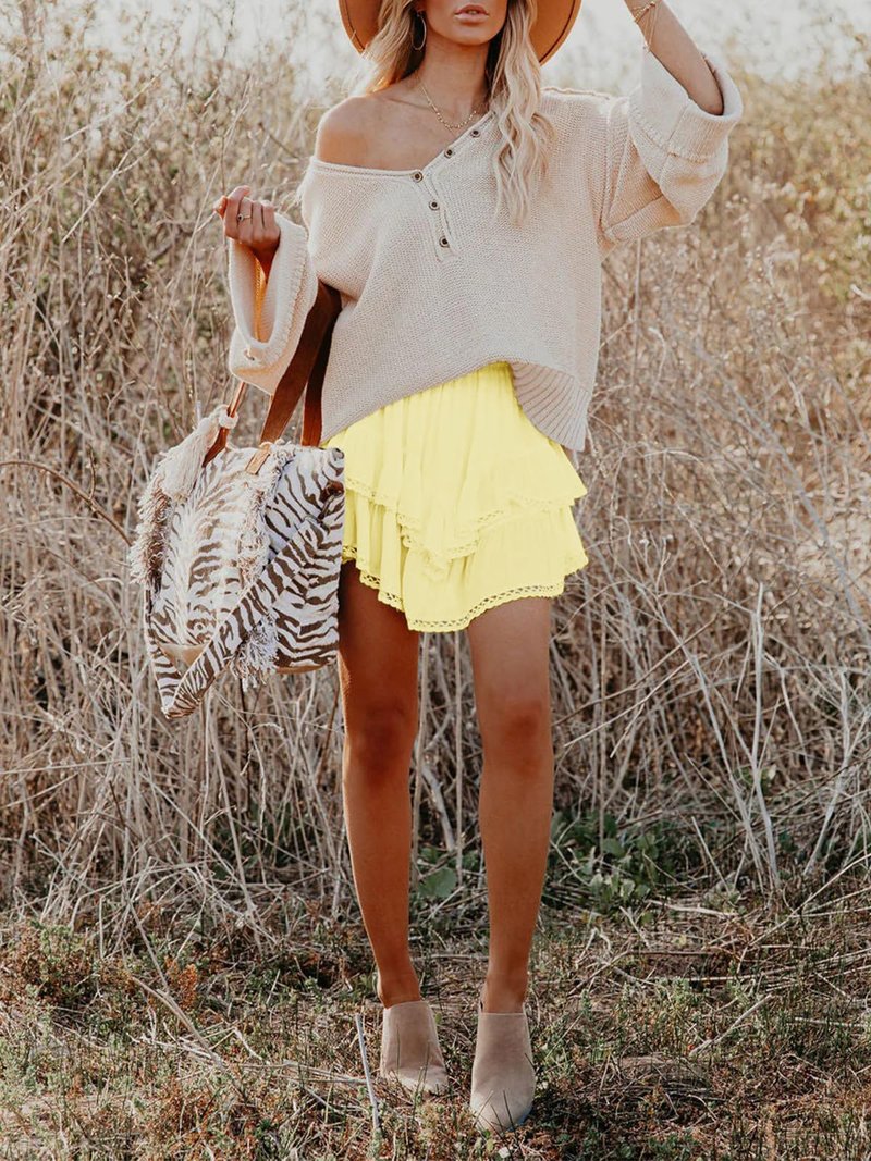 Aoudery Flowy Shorts for Women Casual Boho Ruffle Tiered Skorts High Waist Mini Skirts Golf Tennis Butterfly Crochet Shorts - Yellow S